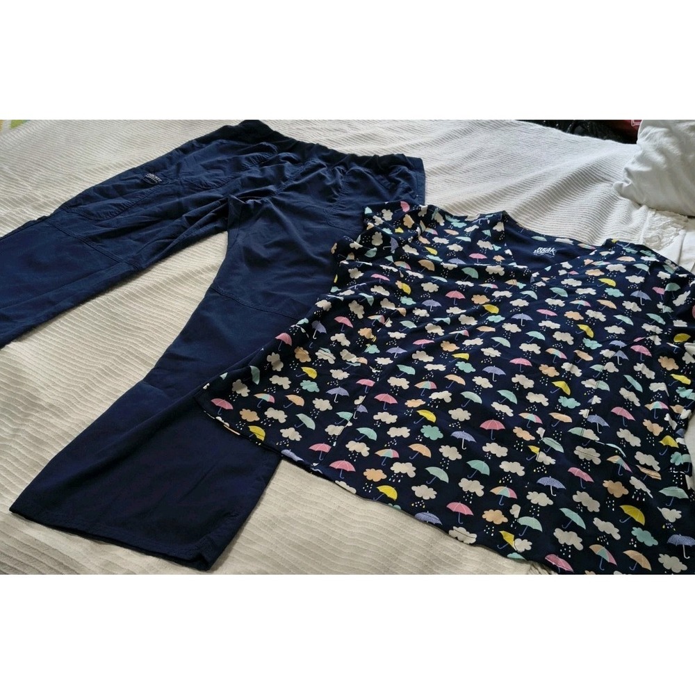 Scrub Set Cherokee Bottoms EUC Navy Blue XL Top XL Multicolor Umbrellas NWT